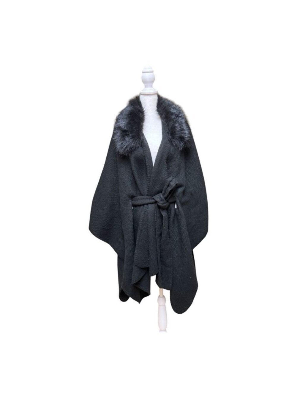Torrid NWT Black Faux Fur Trim Belted Ruana Wrap Poncho One Size